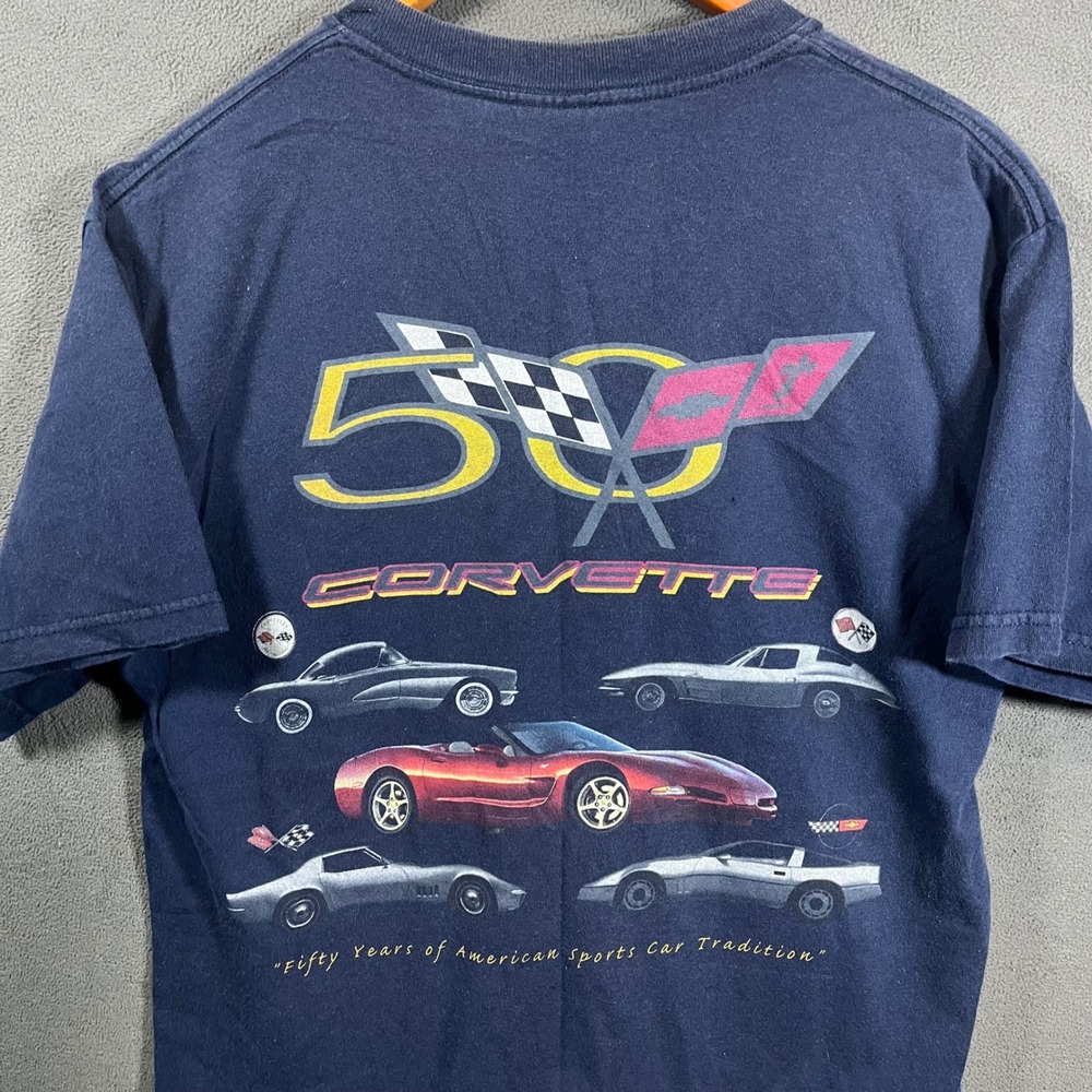Gildan Corvette 50th Anniversary T-Shirt Mens Medium Navy Blue Graphic Tee